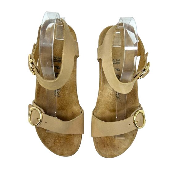 Birkenstock Papillio Soley Wedge‎ Sandals Nubuck Leather Beige Tan 38 US 7 7.5 - Picture 2 of 14